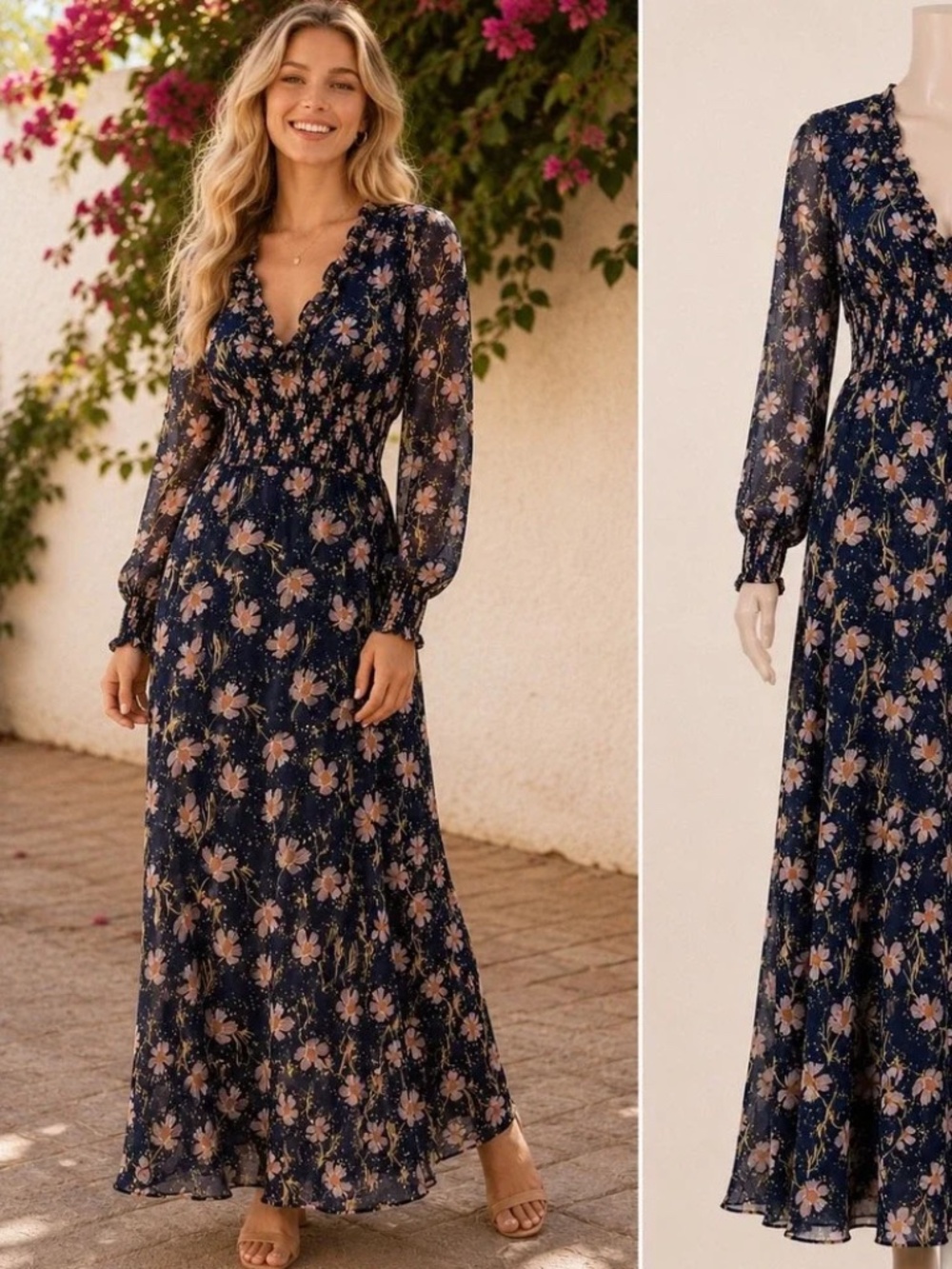 INTERMIX Dark Blue Midi Dress with Pink Floral Motif